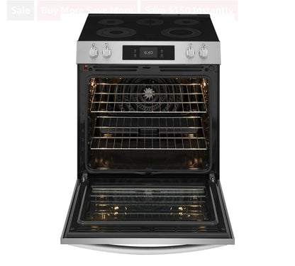 Frigidaire Gallery Series  GCFE3070BF
30 Inch Freestanding Electric Range with 5 Elements, 6.2 cu. ft. Total Convection Oven, EvenTemp™ Element, Storage Drawer, Stone-Baked Pizza, Air Fry, Self & Steam Clean, and Star-K