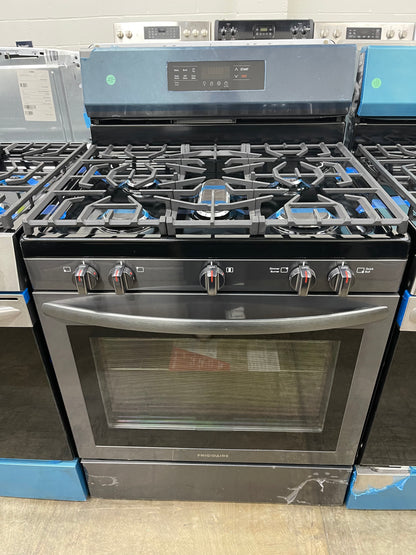 Frigidaire  FCRG3083AD
30 Inch Freestanding Gas Range with 5 Sealed Burners, 5.1 cu. ft. Convection Oven, Quick Boil Burner, Simmer Burner, Storage Drawer, Air Fry, and Self Clean: Black Stainless Steel