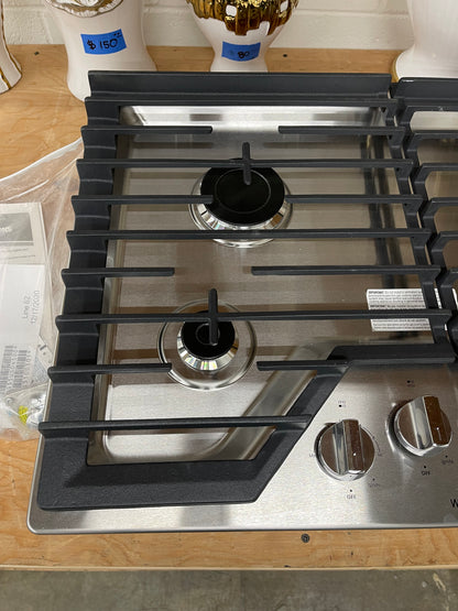 Whirlpool  WCG55US0HS
30 Inch Gas Cooktop with 4 Sealed Burners, EZ-2-Lift Hinged Grates, SpeedHeat Burner, AccuSimmer Burner, Upswept SpillGuard Cooktop, and Dishwasher-Safe Knobs: Stainless Steel