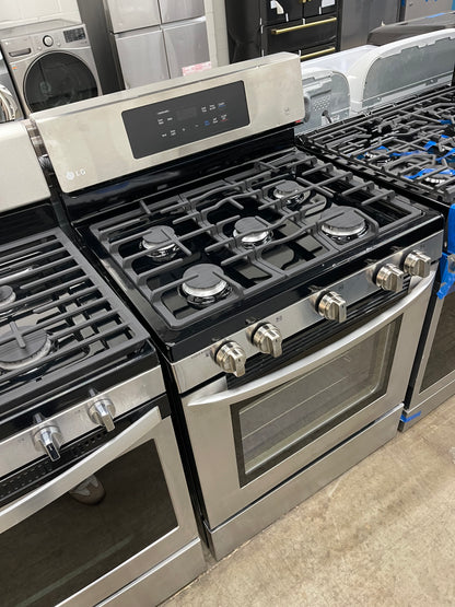 LG  LRG3081ST
30 Inch Gas Range with EvenJet Fan Convection, 20 Minute EasyClean® Mode, IntuiTouch Keypad, SuperBoil 17,000 BTU Burner, Large WideView™ Plus Window, 5 Sealed Burners, 5.4 cu. ft. Oven and Storage Drawer: Stainless Steel