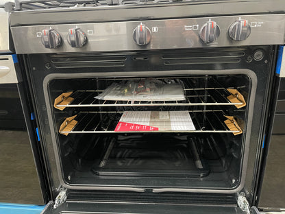 Frigidaire  FCRG3083AD
30 Inch Freestanding Gas Range with 5 Sealed Burners, 5.1 cu. ft. Convection Oven, Quick Boil Burner, Simmer Burner, Storage Drawer, Air Fry, and Self Clean: Black Stainless Steel