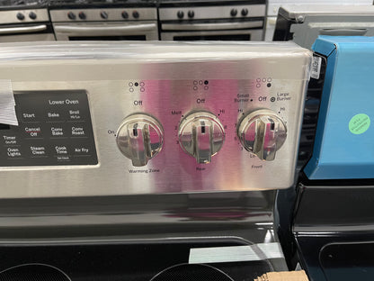 GE 30-in Glass Top 5 burners 4.4-cu ft / 2.2-cu ft Air Fry Convection Oven Freestanding Double Oven Electric Range ( Stainless Steel )
Model #JBS86SPSS