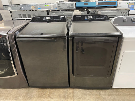 Samsung 5.0 cu. ft. Top Load Washer (Impeller) and 7.4 cu. ft. Electric Dryer in Black Stainless Steel