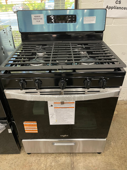Whirlpool  WFG505M0MS
30 Inch Freestanding Gas Range with 5 Sealed Burners, 5.1 cu. ft. Capacity, SpeedHeat Burners, Frozen Bake™, Keep Warm, Broiler Drawer, and Star-K: Stainless Steel