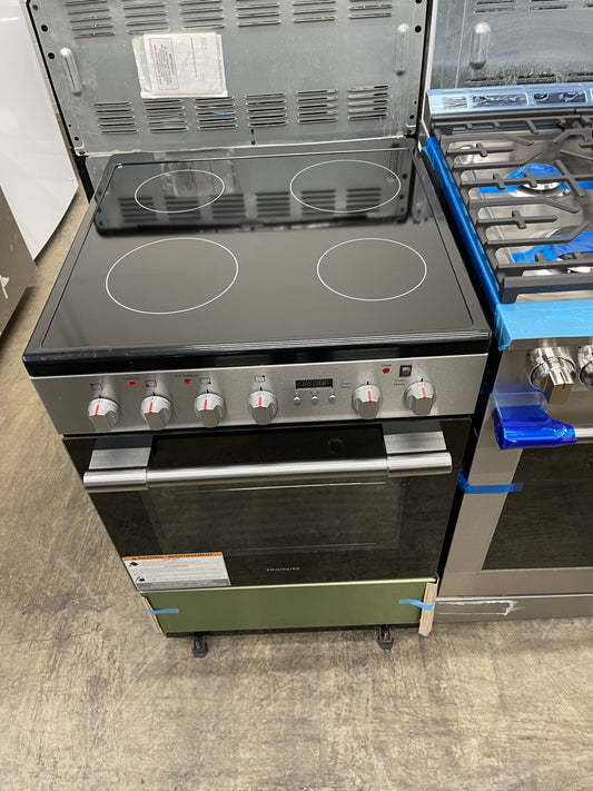 Frigidaire  FCFE2425AS
24 Inch Freestanding Electric Range with 4 Smoothtop Elements, 1.9 cu. ft. Oven Capacity, Storage Drawer, Speed Bake Convection, Hot Surface Indicator Light, ADA Compliant, and UL Listed: Stainless Steel