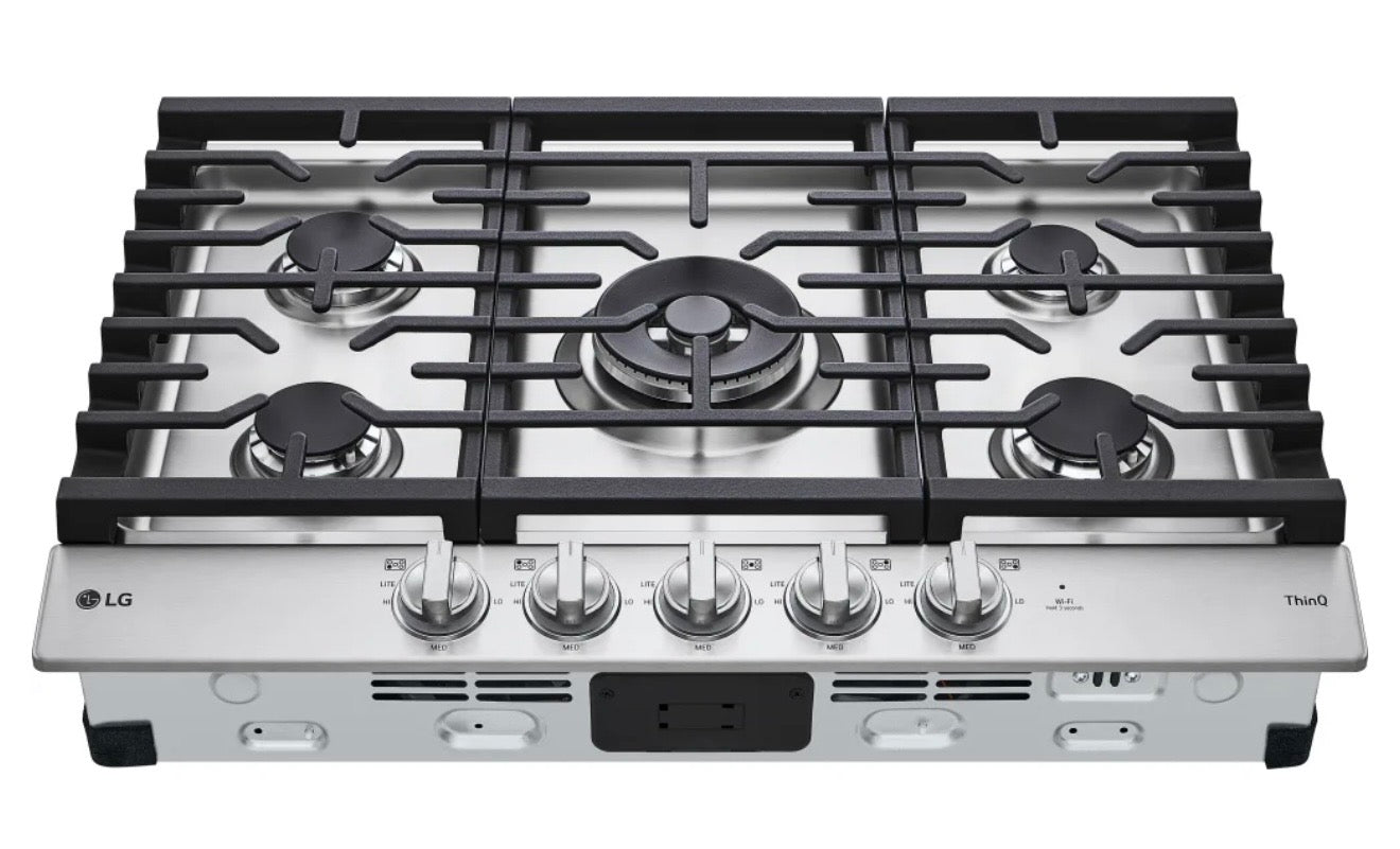 LG  CBGJ3027S
30 Inch Gas Smart Cooktop with 5 Sealed Burners, 22K Ultraheat Dual Burner, Cast Iron Griddle, EasyClean® Cooktop, ThinQ Technology and LED Knobs