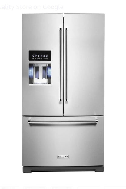 KitchenAid  KRFF507HPS
36 Inch Freestanding French Door Refrigerator with 26.8 cu. ft. Total Capacity, PrintShield Finish, ExtendFresh Temperature Management System, External Ice/Water Dispenser, Water Filtered, Star-K Certified, and ENERGY STAR : Stain
