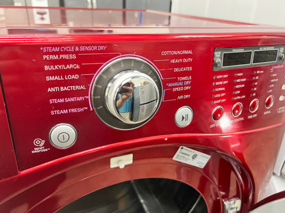 LG Front-Load 3.9 Cu. Ft. Washer and 7.4 Cu. Ft. Electric Dryer Set in Wild Cherry Red with Pedestals