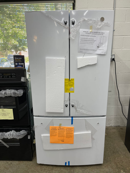 GE  GNE25JGKWW
33 Inch French Door Refrigerator with 24.7 Cu. Ft. Capacity, Quick Space Shelf, Turbo Cool, LED Lighting, Icemaker, Enhanced Shabbos Mode Capable, Internal Water Dispenser, Water Filtration, and ENERGY STAR Qualified: White