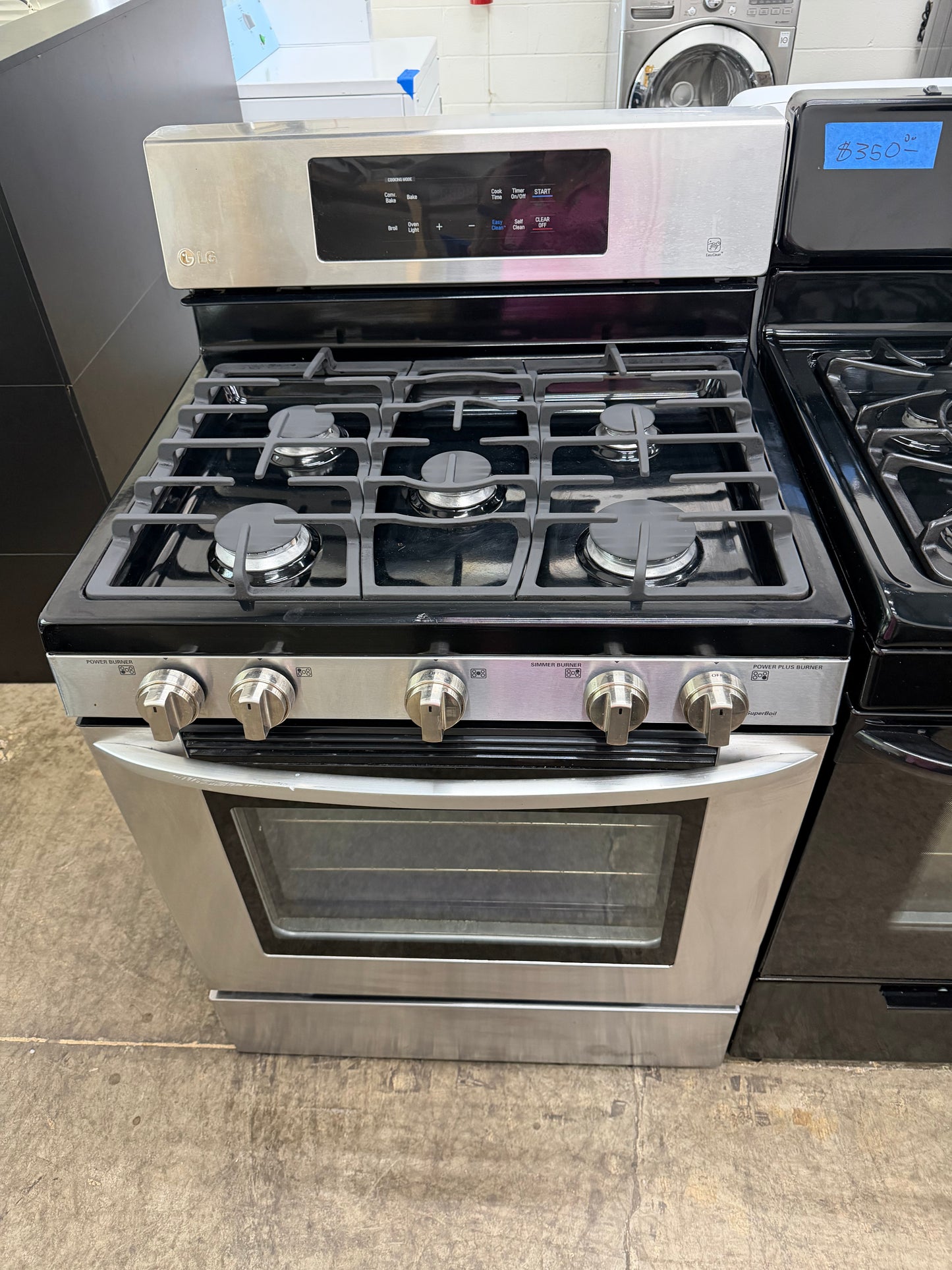 LG  LRG3081ST
30 Inch Gas Range with EvenJet Fan Convection, 20 Minute EasyClean® Mode, IntuiTouch Keypad, SuperBoil 17,000 BTU Burner, Large WideView™ Plus Window, 5 Sealed Burners, 5.4 cu. ft. Oven and Storage Drawer: Stainless Steel