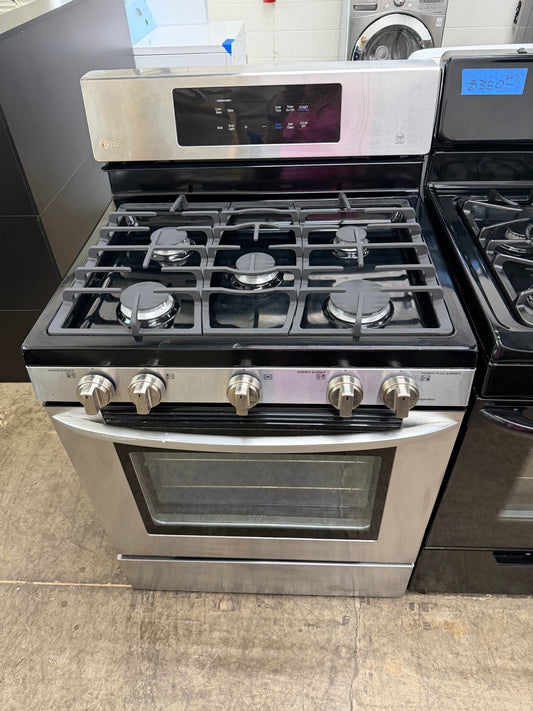 LG  LRG3081ST
30 Inch Gas Range with EvenJet Fan Convection, 20 Minute EasyClean® Mode, IntuiTouch Keypad, SuperBoil 17,000 BTU Burner, Large WideView™ Plus Window, 5 Sealed Burners, 5.4 cu. ft. Oven and Storage Drawer: Stainless Steel
