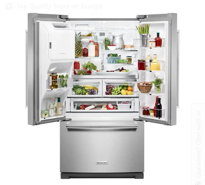 KitchenAid  KRFF507HPS
36 Inch Freestanding French Door Refrigerator with 26.8 cu. ft. Total Capacity, PrintShield Finish, ExtendFresh Temperature Management System, External Ice/Water Dispenser, Water Filtered, Star-K Certified, and ENERGY STAR : Stain
