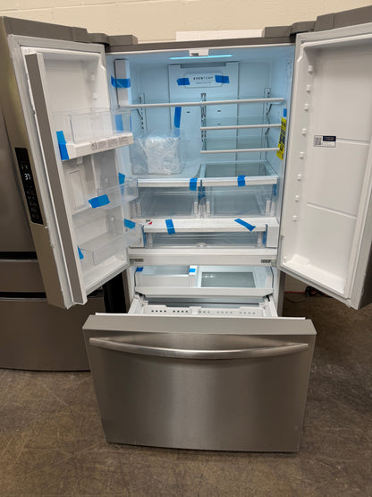Frigidaire  FRFN2813AF
36 Inch Freestanding French Door Refrigerator with 28.8 cu. ft. Capacity, 3 Glass Shelves, Full-Width Drawer, Gallon Door Bins, EvenTemp Cooling, Internal Water Dispenser, and ENERGY STAR