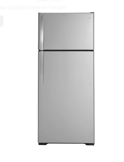 GE  GTS18HYNRFS
28 Inch Top Freezer Refrigerator with 17.5 Cu. Ft. Capacity, Edge-To-Edge Glass Shelves, Sliding Deli Drawer, Gallon Door Bin, Dairy Compartment, LED Lighting, Upfront Temperature Controls, Sabbath Mode, Frost Free, and Icemaker-Ready