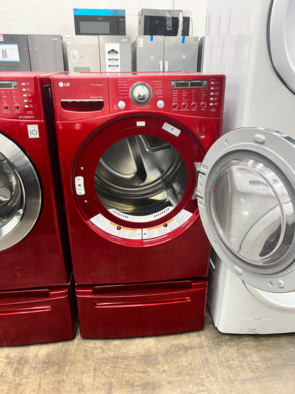 LG Front-Load 3.9 Cu. Ft. Washer and 7.4 Cu. Ft. Electric Dryer Set in Wild Cherry Red with Pedestals