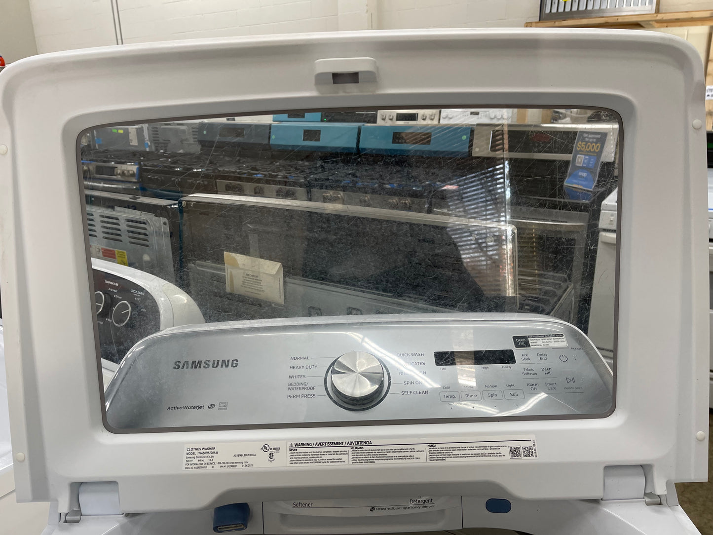 Samsung  WA50R5200AW
27 Inch Top Load Washer with 5.0 Cu. Ft. Capacity, 10 Wash Cycles, Active WaterJet, EZ Access, Deep Fill, Smart Care, VRT Plus Technology, Quick Wash, and ENERGY STAR Certified: White