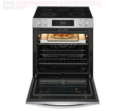Frigidaire Gallery Series  GCFE3070BF
30 Inch Freestanding Electric Range with 5 Elements, 6.2 cu. ft. Total Convection Oven, EvenTemp™ Element, Storage Drawer, Stone-Baked Pizza, Air Fry, Self & Steam Clean, and Star-K