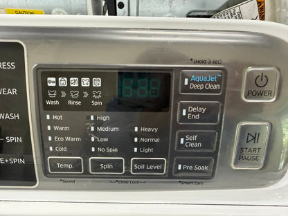 Samsung  WA48H7400AW
27 Inch 4.8 cu. ft. Top Load Washer with 11 Wash Cycles, 1,100 RPM, AquaJet Cleaning Technology, Vibration Reduction Technology, Smart Care, Self Clean and ENERGY STAR Certification: White