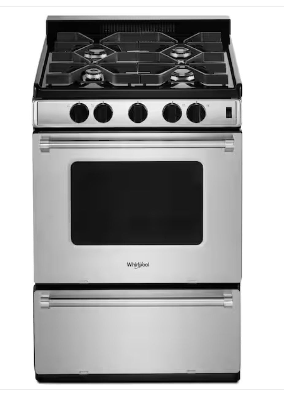 Whirlpool  WFG500M4HS
24 Inch Freestanding Gas Range with 4 Sealed Burners, 2.96 cu. ft. Oven Capacity, AccuSimmer Burner, High-Powered Burner, Broiler Drawer, Sabbath Mode, Oven Window, and ADA Compliant
