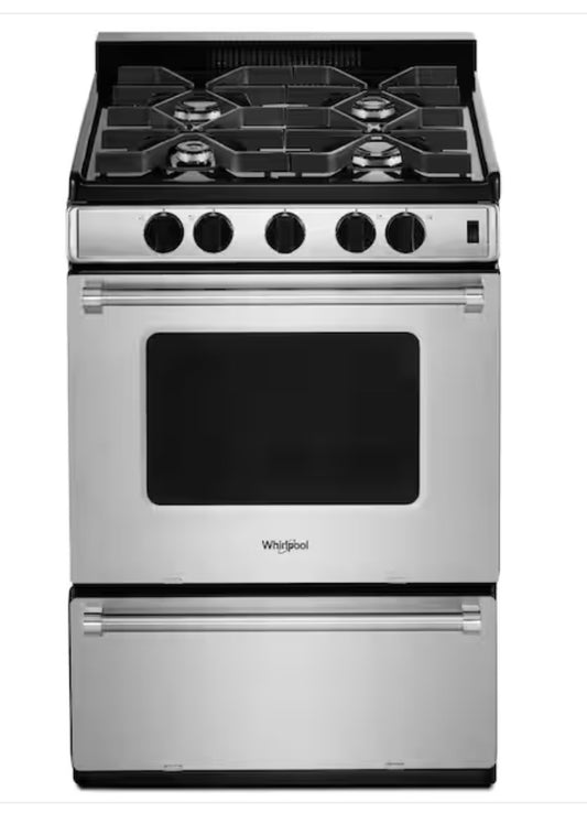 Whirlpool  WFG500M4HS
24 Inch Freestanding Gas Range with 4 Sealed Burners, 2.96 cu. ft. Oven Capacity, AccuSimmer Burner, High-Powered Burner, Broiler Drawer, Sabbath Mode, Oven Window, and ADA Compliant