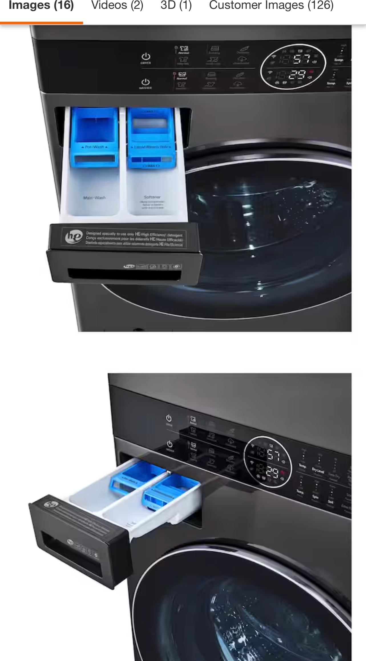 LG WashTower Stacked SMART Laundry Center 4.5 Cu.Ft. Front Load Washer & 7.4 Cu.Ft. Electric Dryer in Black Steel w/ Steam - Used