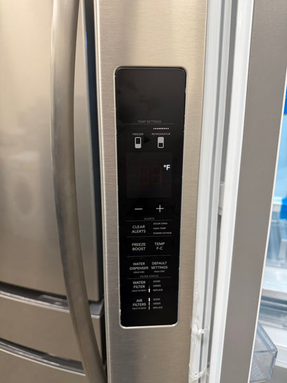 Frigidaire  FRFN2813AF
36 Inch Freestanding French Door Refrigerator with 28.8 cu. ft. Capacity, 3 Glass Shelves, Full-Width Drawer, Gallon Door Bins, EvenTemp Cooling, Internal Water Dispenser, and ENERGY STAR