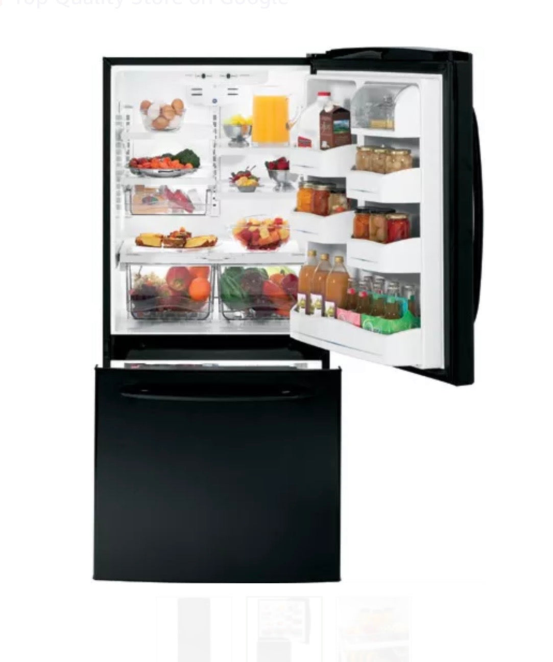 GE  GDSC0KCXBB
20.2 cu. ft. Bottom-Freezer Refrigerator with 4 Glass Shelves, Gallon Door Storage, Snack Drawer and Illuminated Upfront Temperature Controls: Black