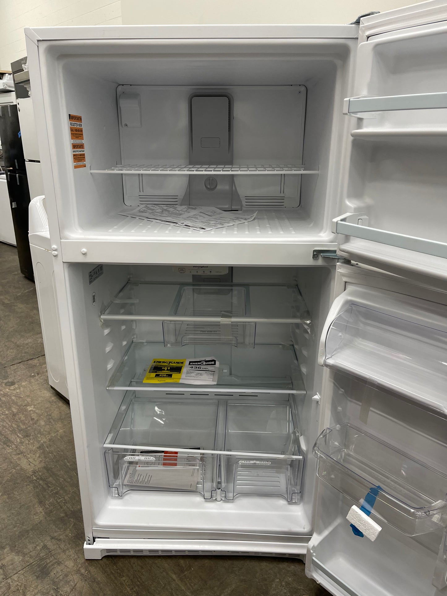 Whirlpool  WRT311FZDW
33 Inch Top Freezer Refrigerator with 20.5 Cu. Ft. Total Capacity, Frameless Glass Shelves, Flexi-Slide™ Bin, Humidity-Controlled Crispers, LED Lighting, Quiet Cooling, EZ Connect Ice Maker Kit Compatible, and ADA Compliant: White