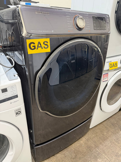 Samsung  DV56H9100GG
30 Inch 9.5 cu. ft. Gas Dryer with 15 Dry Cycles, 5 Temperature Settings, Steam, Vent Sensor, Sanitize Cycle, Wrinkle Prevent, Smart Care, Dryer Rack, My Cycle and Sensor Dry Moisture Sensor: Onyx