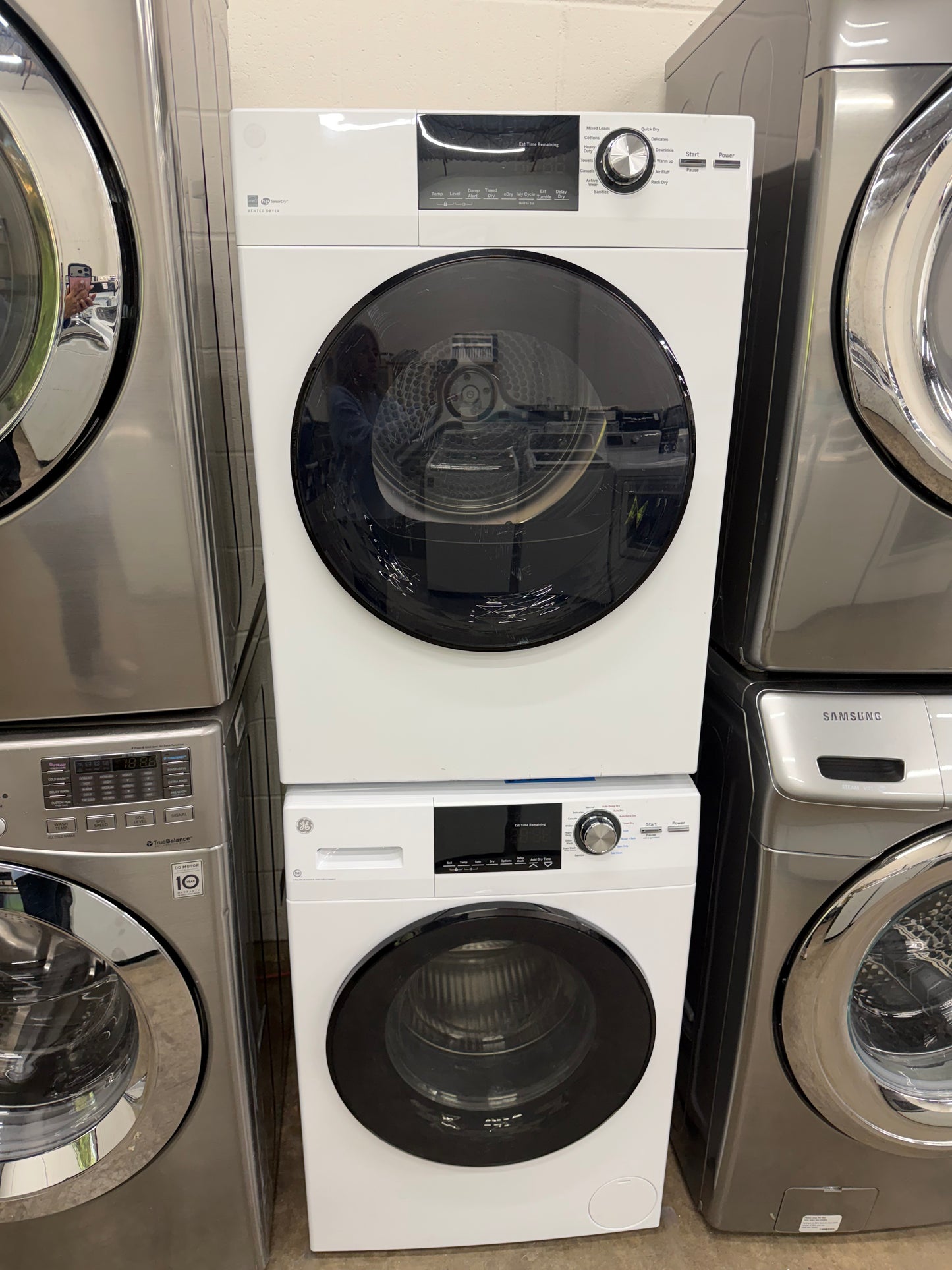 GE  GFQ14ESSNWW
24 Inch Front Load Electric Washer/Dryer Combo with 2.4 cu. ft and GE  GFD14ESSNWW
24 Inch Electric Dryer with 4.3 Cu. Ft.