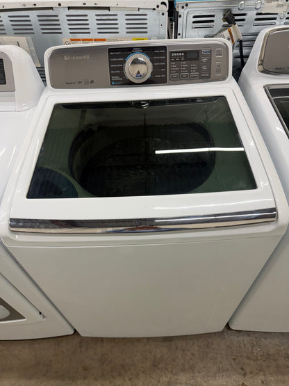 Samsung  WA48H7400AW
27 Inch 4.8 cu. ft. Top Load Washer with 11 Wash Cycles, 1,100 RPM, AquaJet Cleaning Technology, Vibration Reduction Technology, Smart Care, Self Clean and ENERGY STAR Certification: White