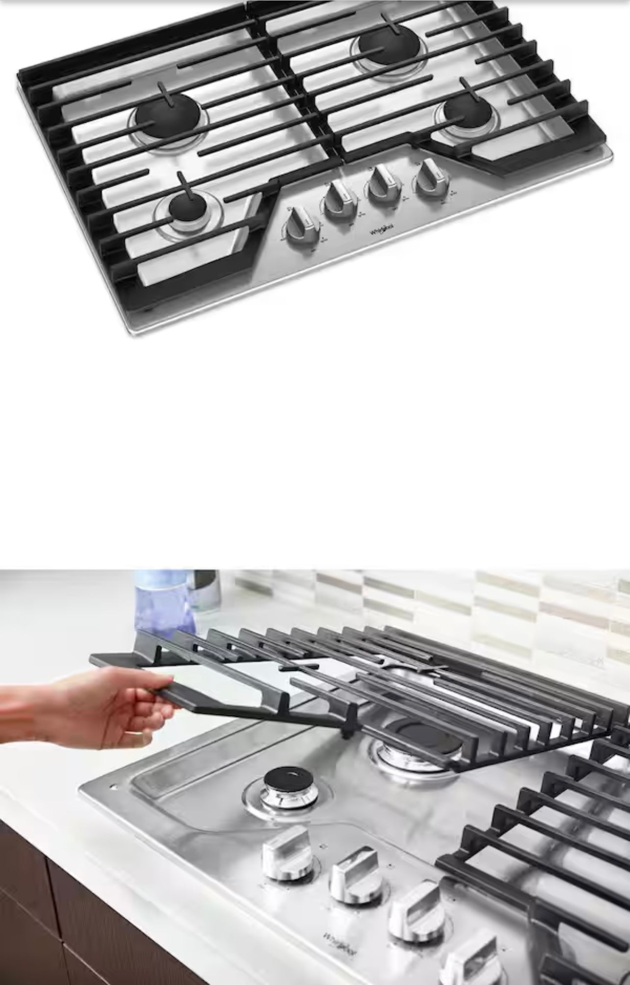 Whirlpool  WCG55US0HS
30 Inch Gas Cooktop with 4 Sealed Burners, EZ-2-Lift Hinged Grates, SpeedHeat Burner, AccuSimmer Burner, Upswept SpillGuard Cooktop, and Dishwasher-Safe Knobs: Stainless Steel