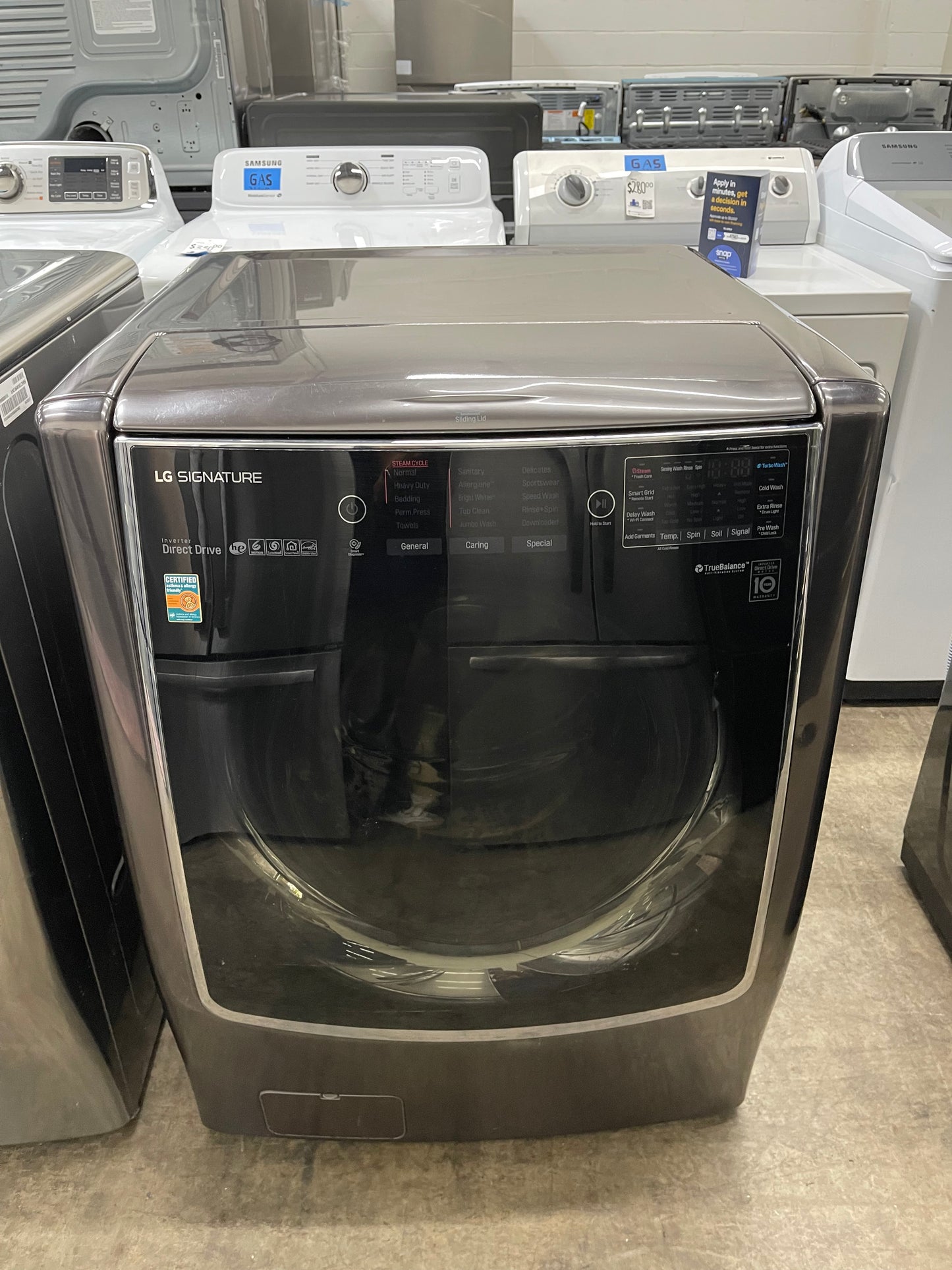 LG Signature TurboWash Series  WM9500HKA
30 Inch Front Load Smart Washer with 5.8 cu. ft. Capacity, LoDecibel Operation, TrueBalance System, SmartDiagnosis , ThinQTechnology, 14 Wash Cycles, Steam Cycle, Sanitize, TurboWash , Allergiene™, and ENERGY S