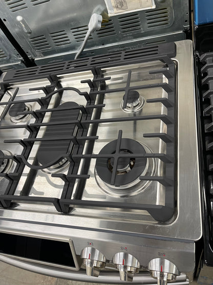 Samsung  NX58H9500WS
30 Inch Slide-In Gas Range with 5.8 cu. ft. True Convection Oven, Reversible Griddle, Self-Clean, Temperature Probe, Guiding Light Controls, 5 Sealed Burners, 18,000 BTU Center Burner, and Warming Drawer: Stainless Steel