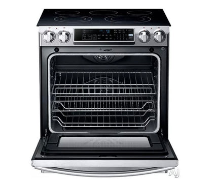 Samsung  NE58F9500SS
30 Inch Slide-In Electric Range with 5 Radiant Elements, 5.8 cu. ft. Oven Capacity, Dual Convection Cooking, Self Clean with Steam and Temperature Probe