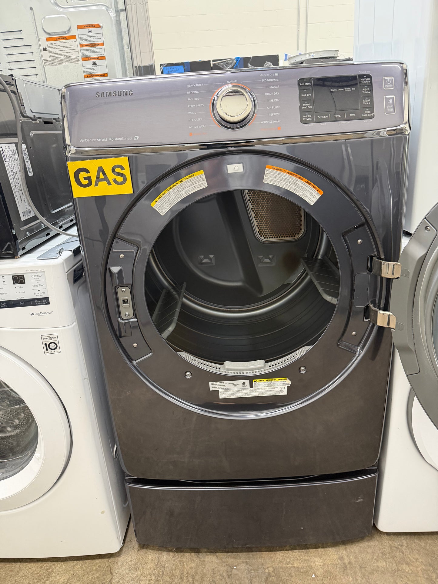 Samsung  DV56H9100GG
30 Inch 9.5 cu. ft. Gas Dryer with 15 Dry Cycles, 5 Temperature Settings, Steam, Vent Sensor, Sanitize Cycle, Wrinkle Prevent, Smart Care, Dryer Rack, My Cycle and Sensor Dry Moisture Sensor: Onyx