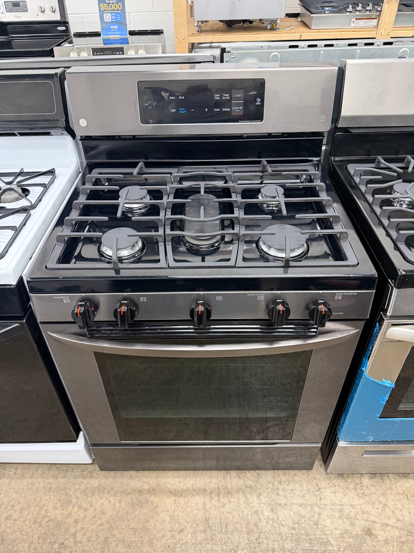LG  LRG3061ST
30 Inch Gas Range with 20 Minute EasyClean ,Mode, Brilliant Blue Interior, Griddle Accessory, 5 Sealed Burners, 5.4 cu. ft. Oven and Storage Drawer: Stainless Steel