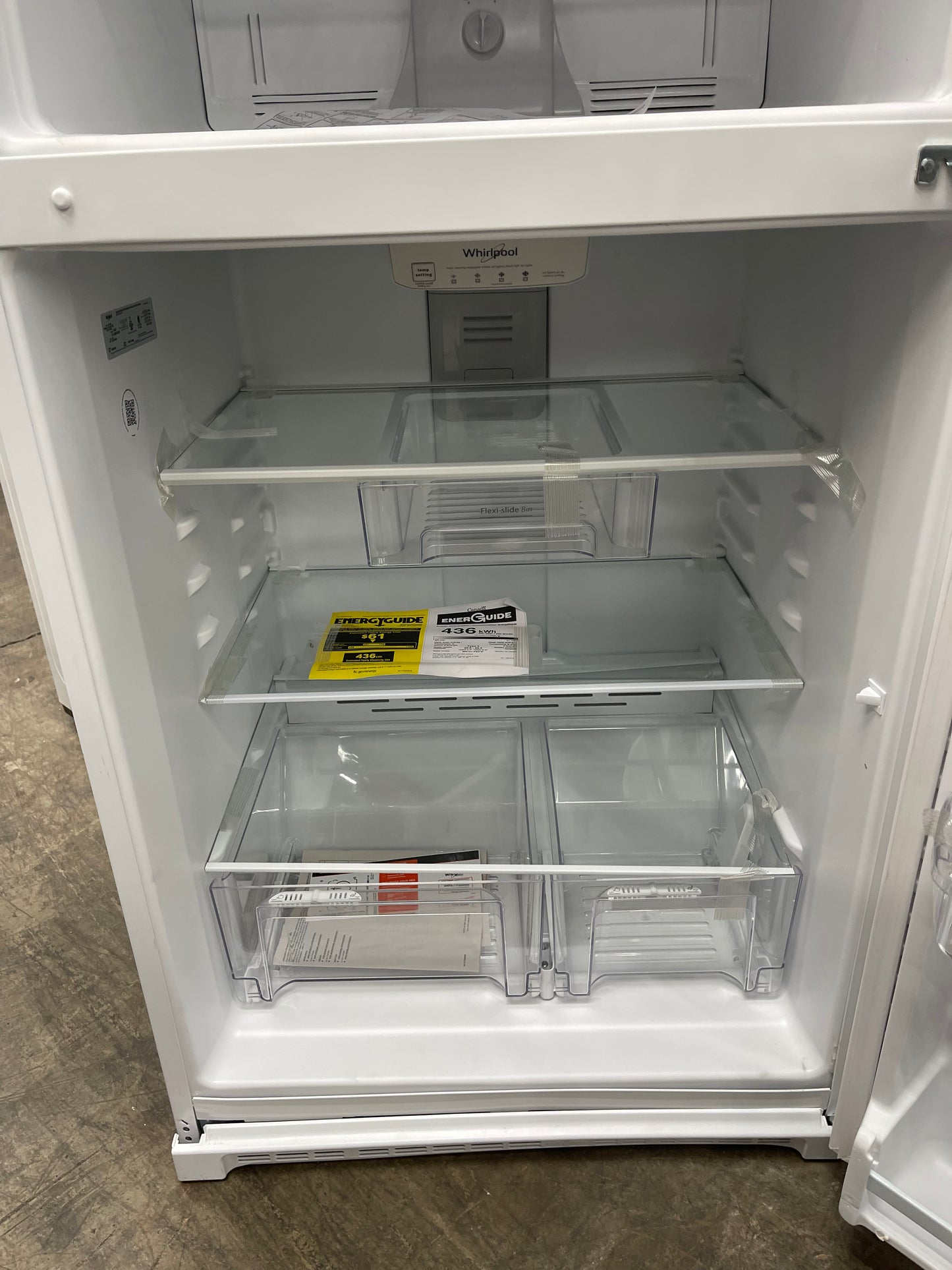 Whirlpool  WRT311FZDW
33 Inch Top Freezer Refrigerator with 20.5 Cu. Ft. Total Capacity, Frameless Glass Shelves, Flexi-Slide™ Bin, Humidity-Controlled Crispers, LED Lighting, Quiet Cooling, EZ Connect Ice Maker Kit Compatible, and ADA Compliant: White